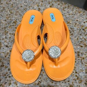 OKA b. Orange Rhinestone Medallion Flip Flop Sandals